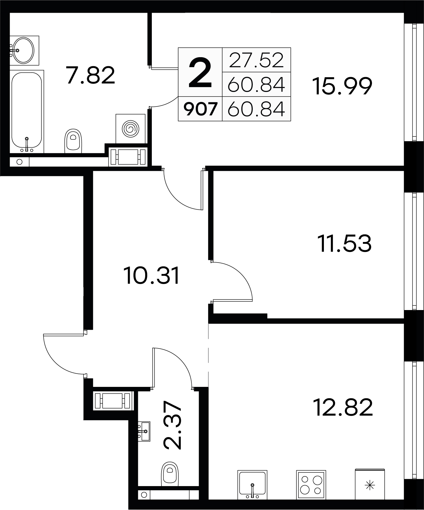2-комнатная квартира 60.84 м², 5/19 эт., ЖК «GloraX Aura Vasileostrovsky»